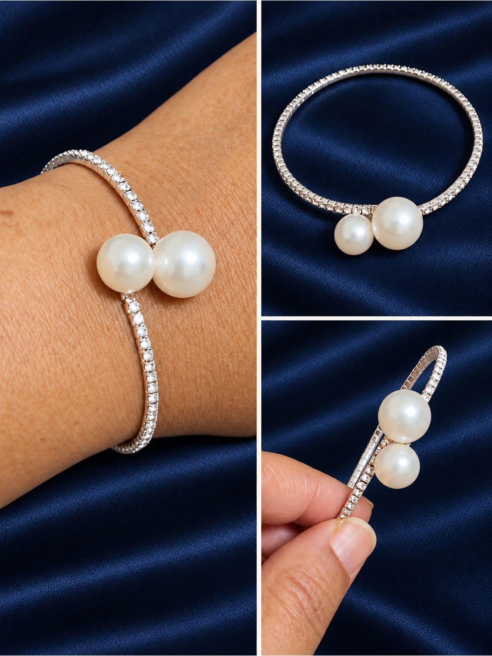 🆕 Silver Faux Pearl and Rhinestone Decor cuff Bracelet